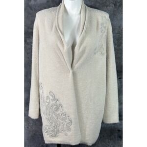 Chicos Women's Open Front Fuzzy Embroidered Cardigan Sweater sz 3 or XL (15576)